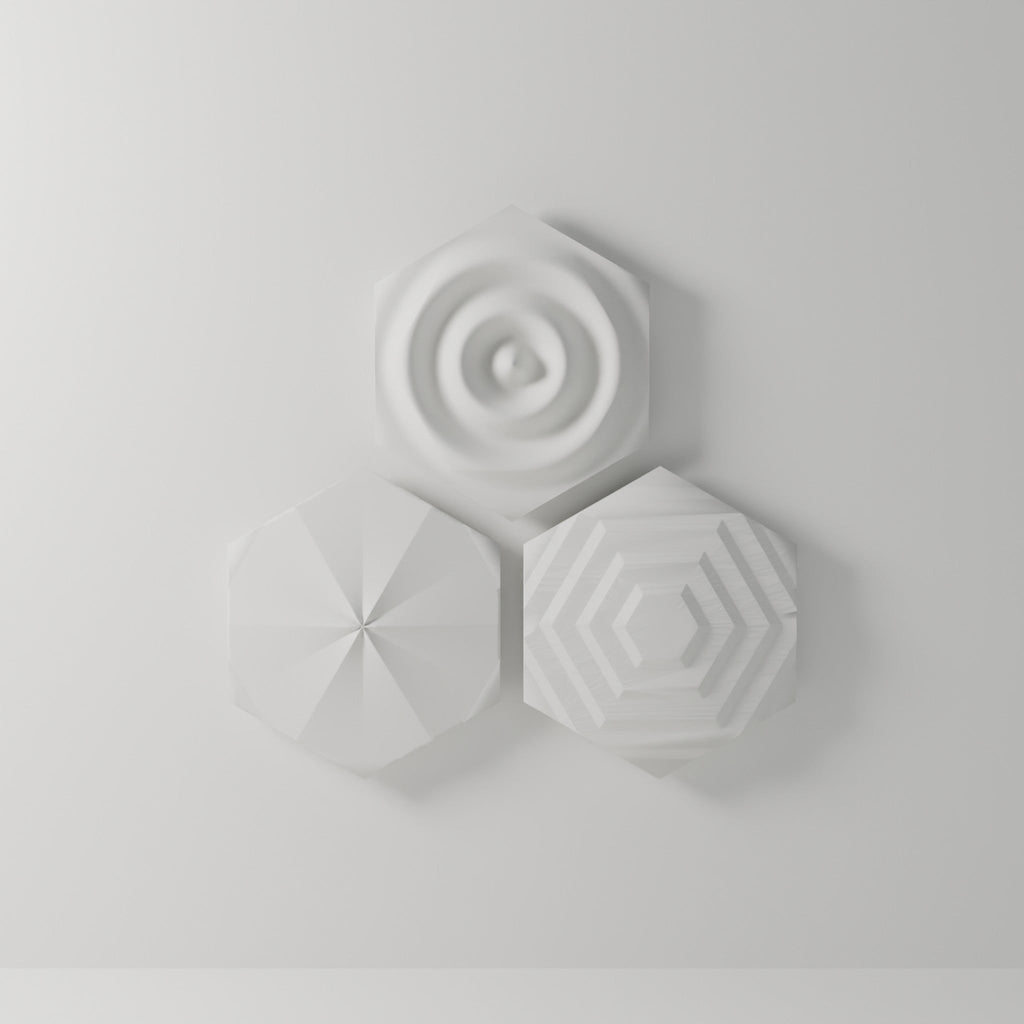 Hex Relief Wall Art, Set of 3 — 3D Printed, Matte White