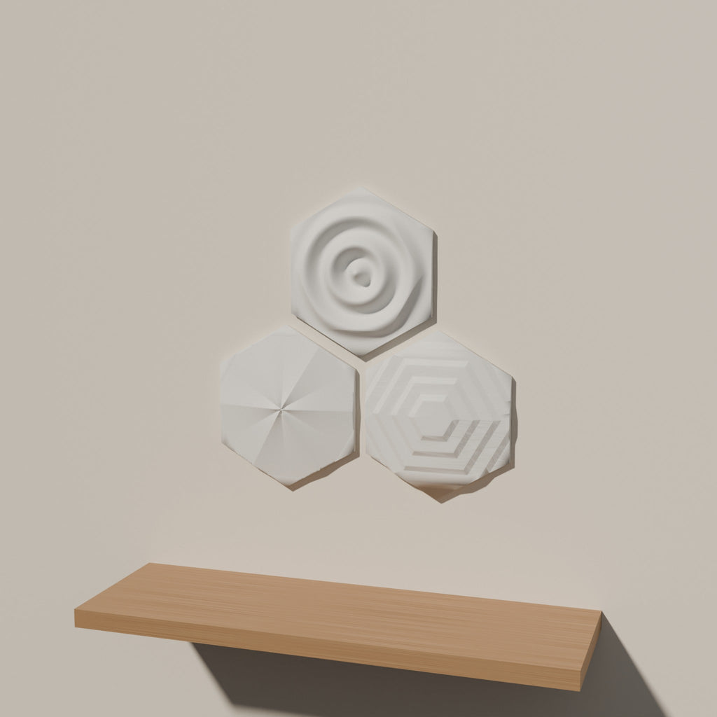 Hex Relief Wall Art, Set of 3 — 3D Printed, Matte White