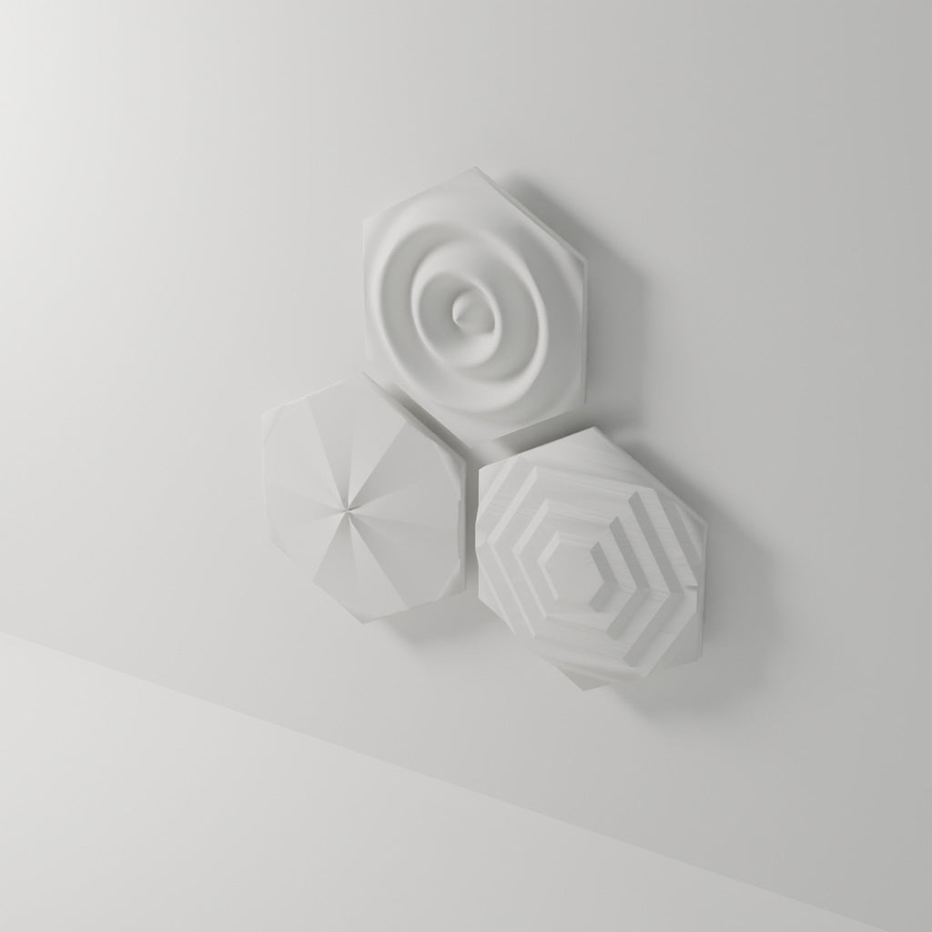 Hex Relief Wall Art, Set of 3 — 3D Printed, Matte White