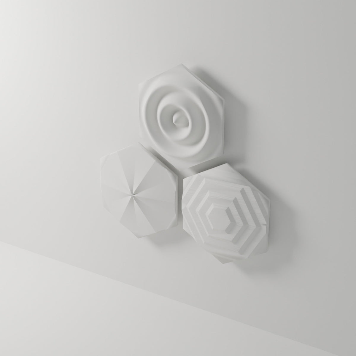 Hex Relief Wall Art, Set of 3 — 3D Printed, Matte White