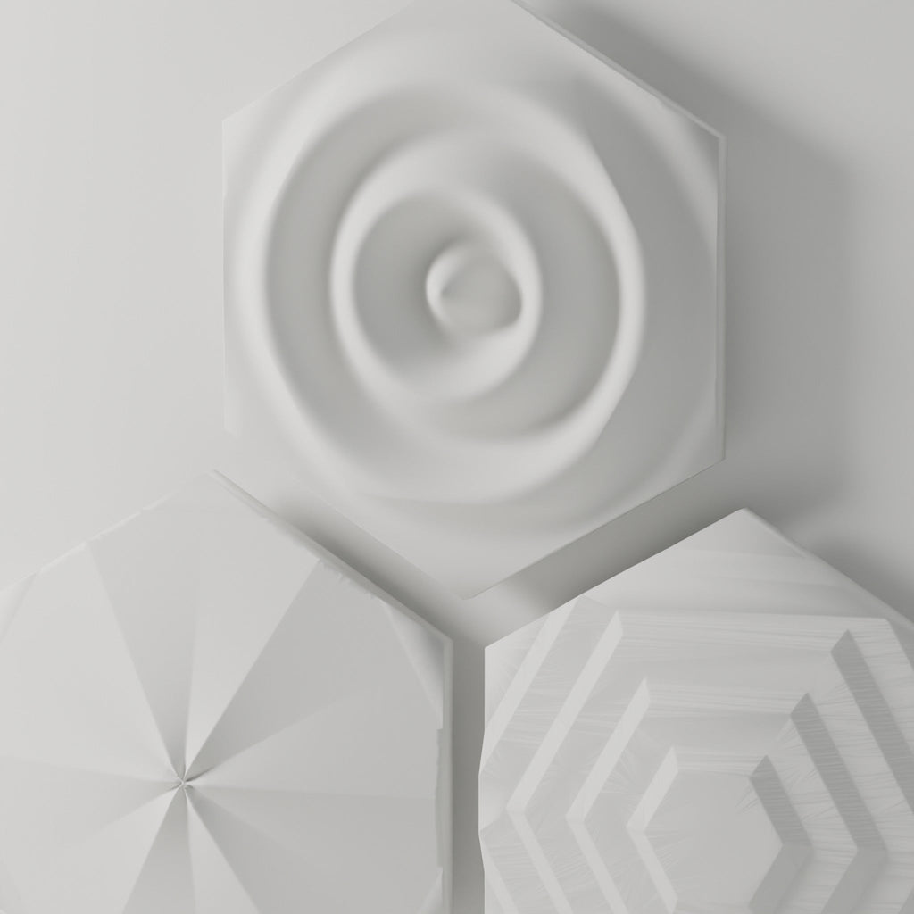 Hex Relief Wall Art, Set of 3 — 3D Printed, Matte White