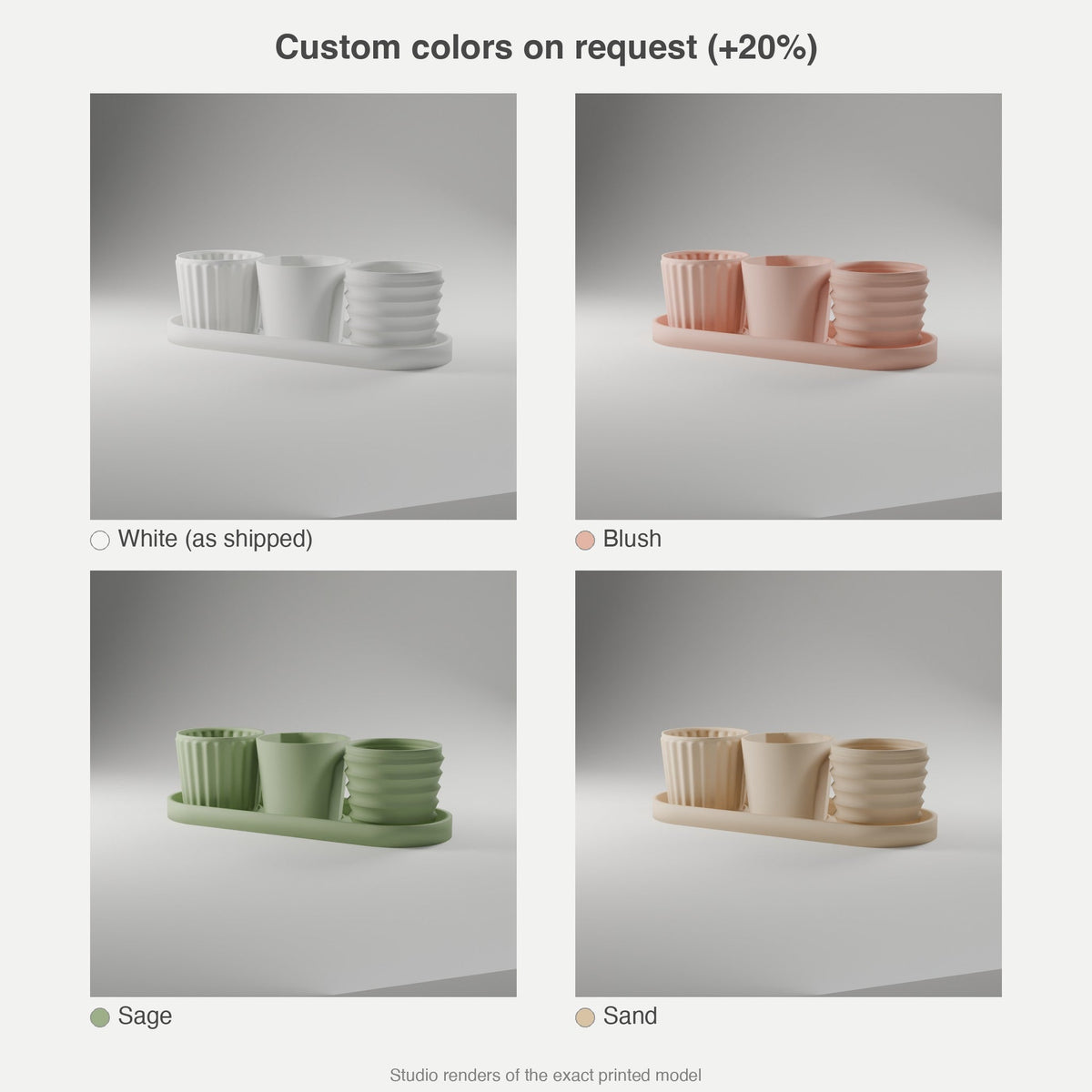 Mini Planter Trio + Drip Tray — 3D Printed Planter Set