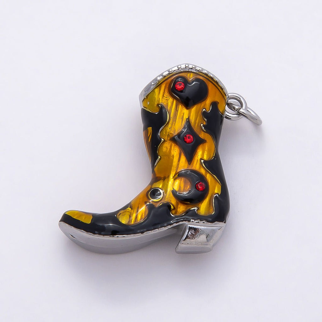 PVD Stainless Steel 27mm Clear, Red CZ Black Enamel Western Cowboy Boot Charm in Gold & Silver | Charms-00782 ~ Charms-00785