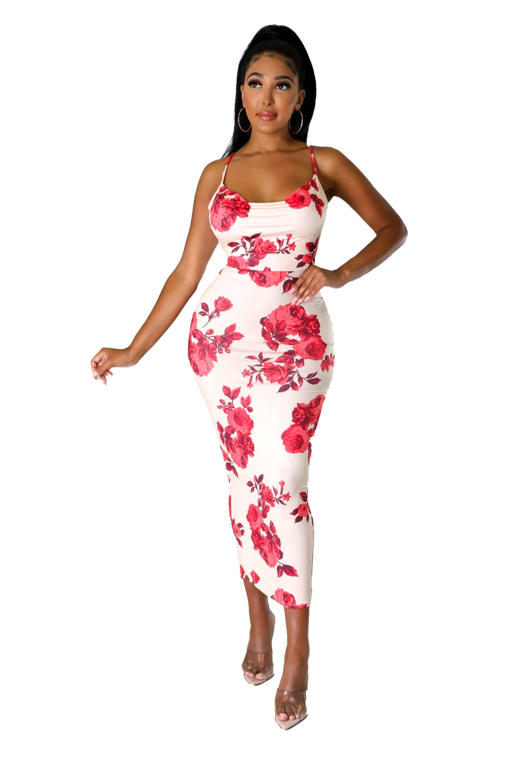 Rose Pattern Criss Cross Back Dress