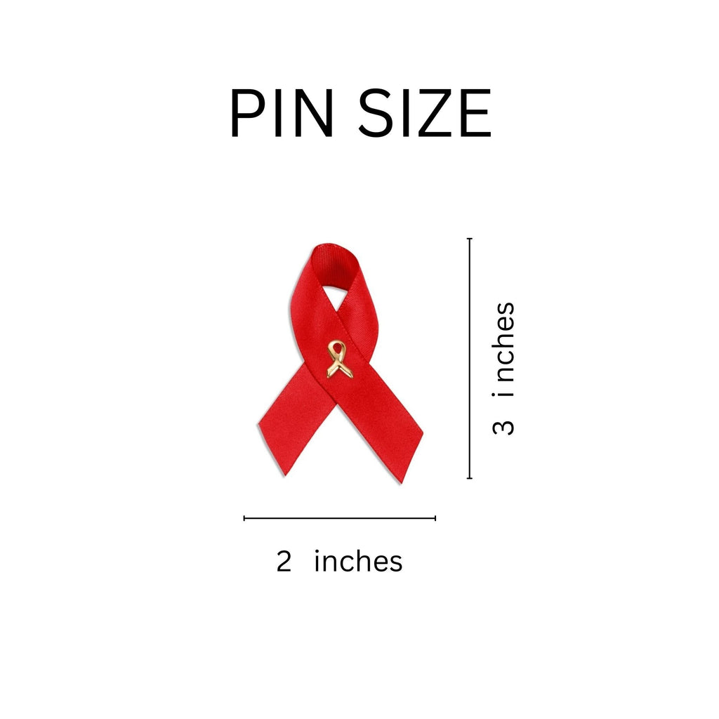 10/25/100/500 Pack Satin Red Ribbon Awareness Pins