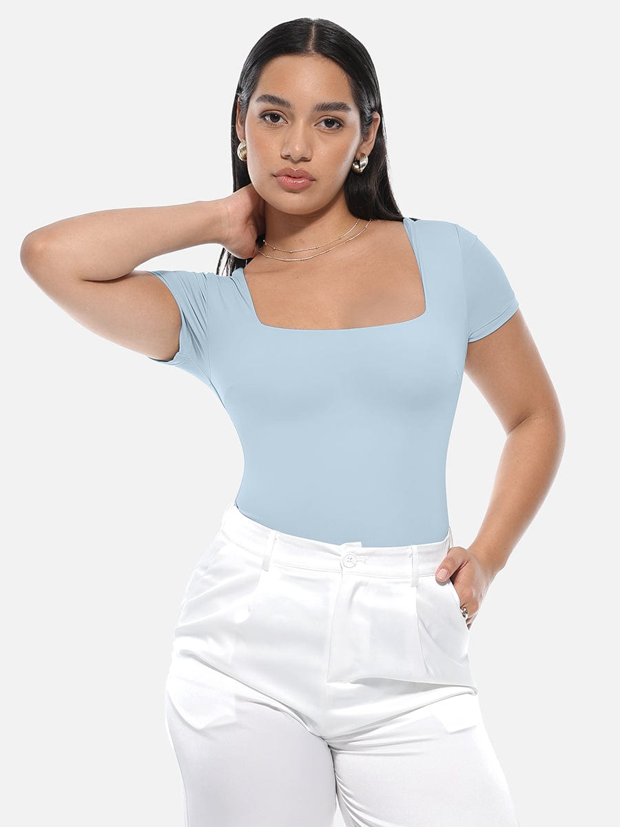 Square-Neck Short-Sleeve Tummy Control Bodysuit