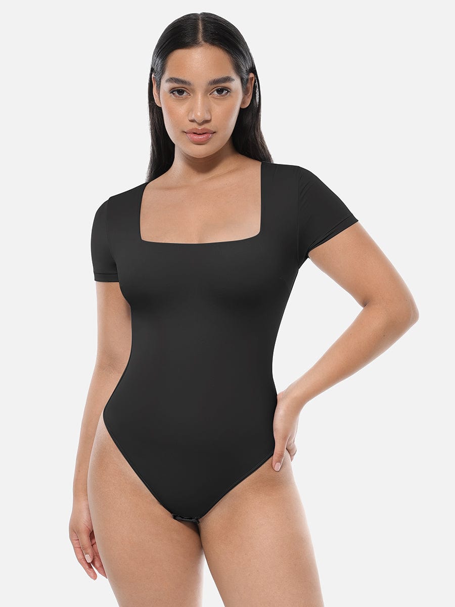 Square-Neck Short-Sleeve Tummy Control Bodysuit