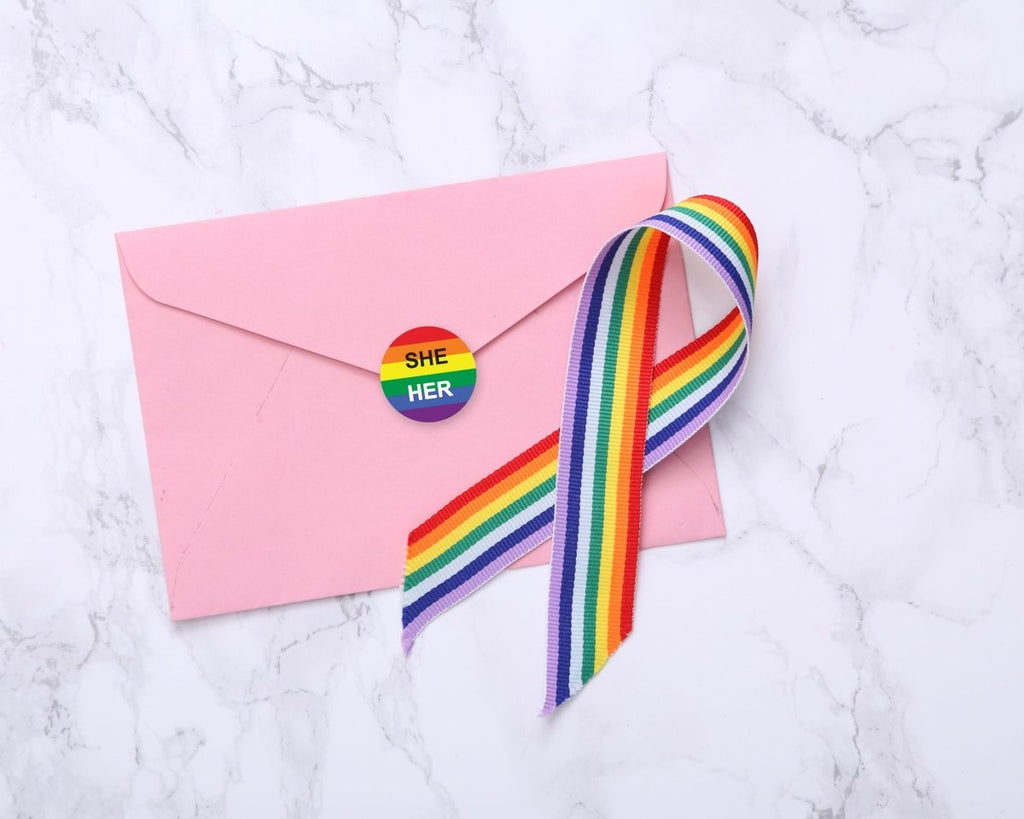 250 She Her Pronoun Rainbow Flag Stickers (250 Per Roll)