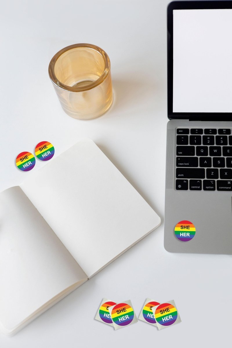 250 She Her Pronoun Rainbow Flag Stickers (250 Per Roll)