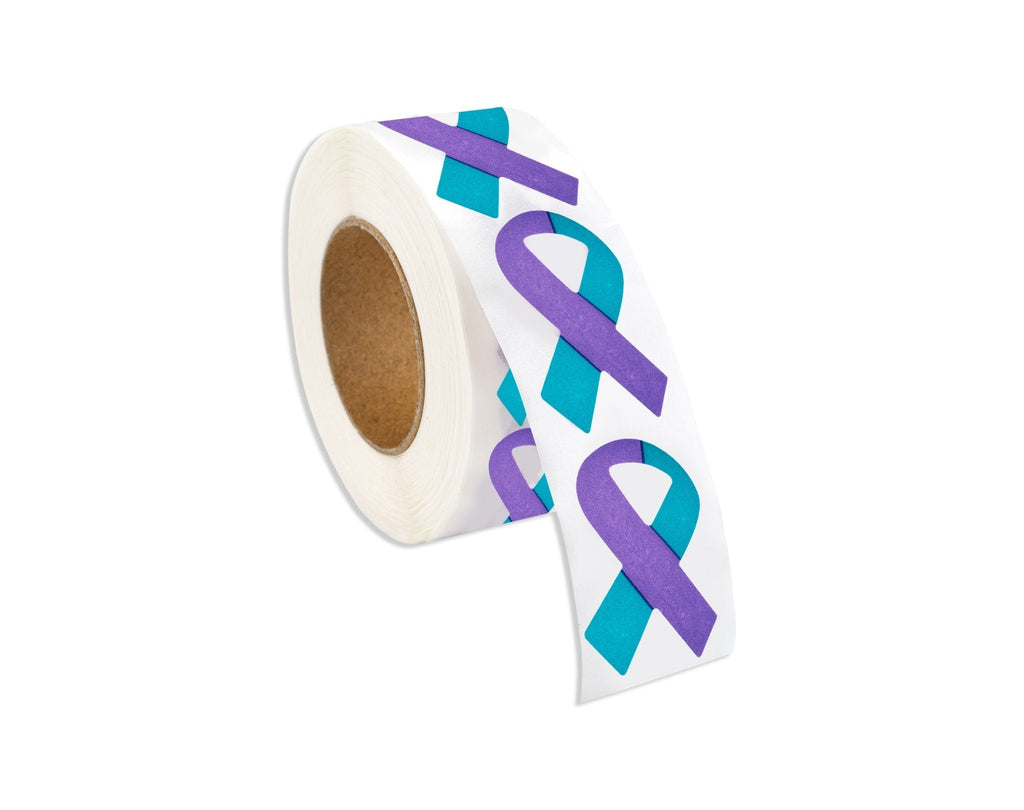 250 Small Teal & Purple Ribbon Stickers (250 per Roll)