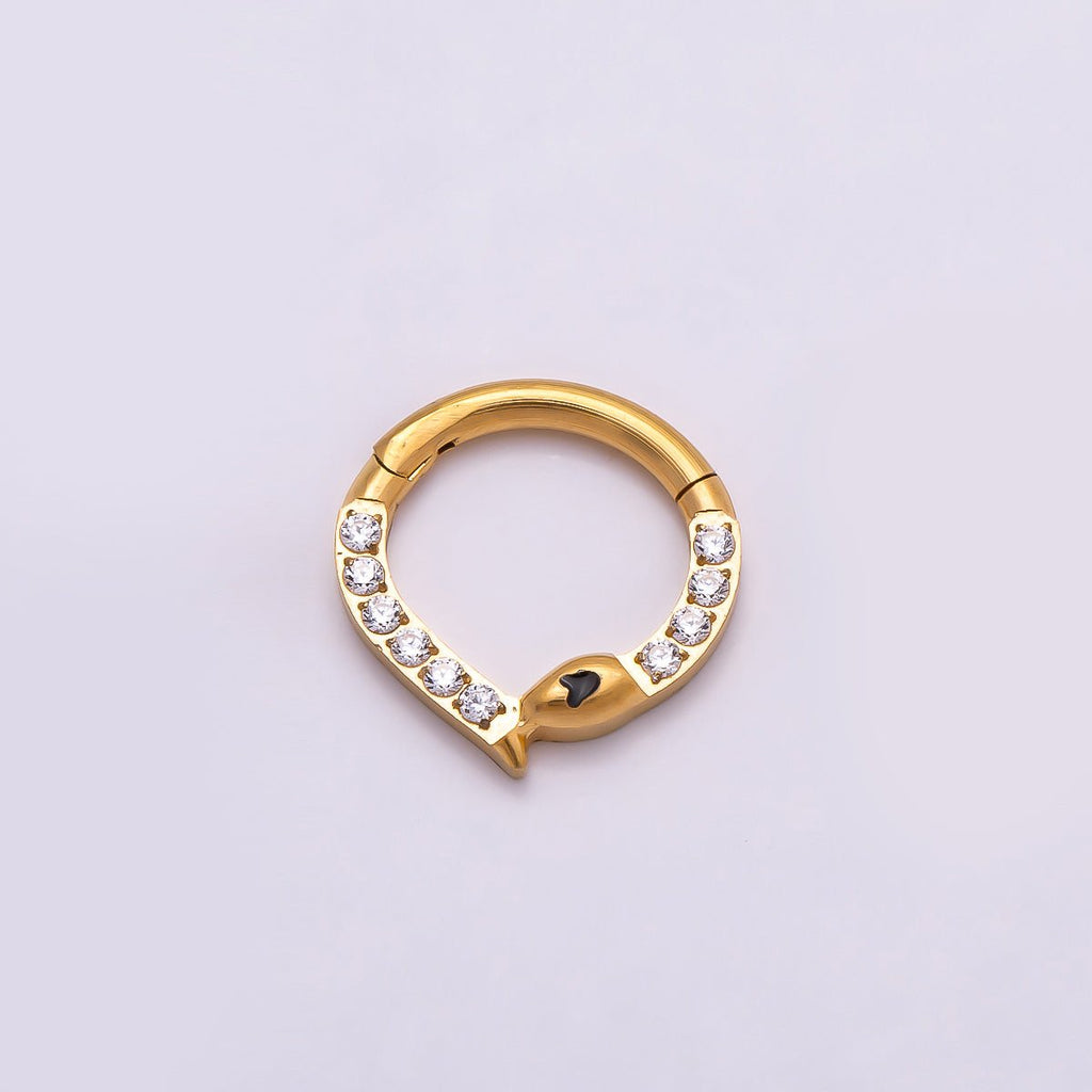 Titanium 10mm Micro Paved CZ Snake Single Septum Nose Piercing Clicker in Gold & Silver | BJ-00013 BJ-00014