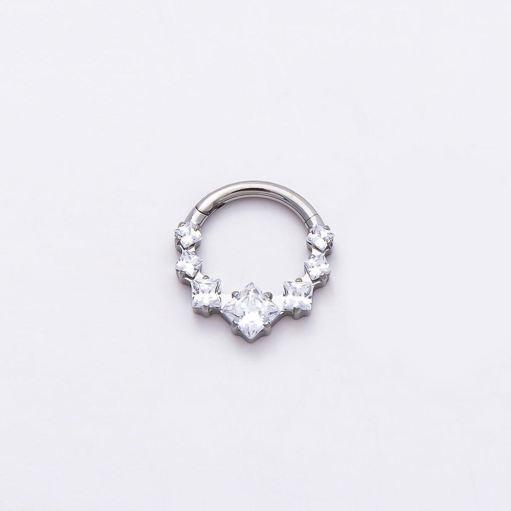Titanium 11mm Clear Square CZ Cluster Gradient Single Septum Cartilage Piercing Clicker in Gold & Silver | BJ-00033 BJ-00034