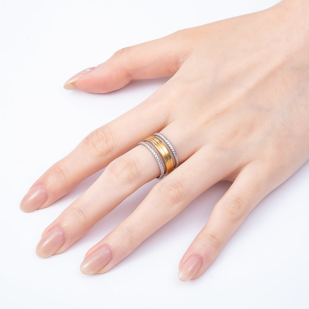 Stainless Steel Mixed Metal Wide Croissant Triple Band Ring | Rings-00180