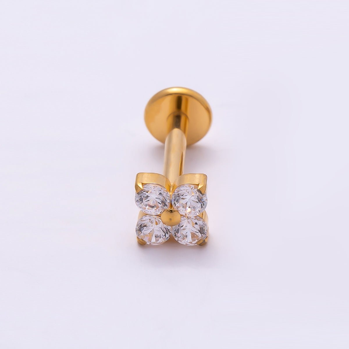 Titanium 4mm Clear CZ Flower Single Cartilage Piercing Flat Back Stud in Gold & Silver | BJ-00160 BJ-00161