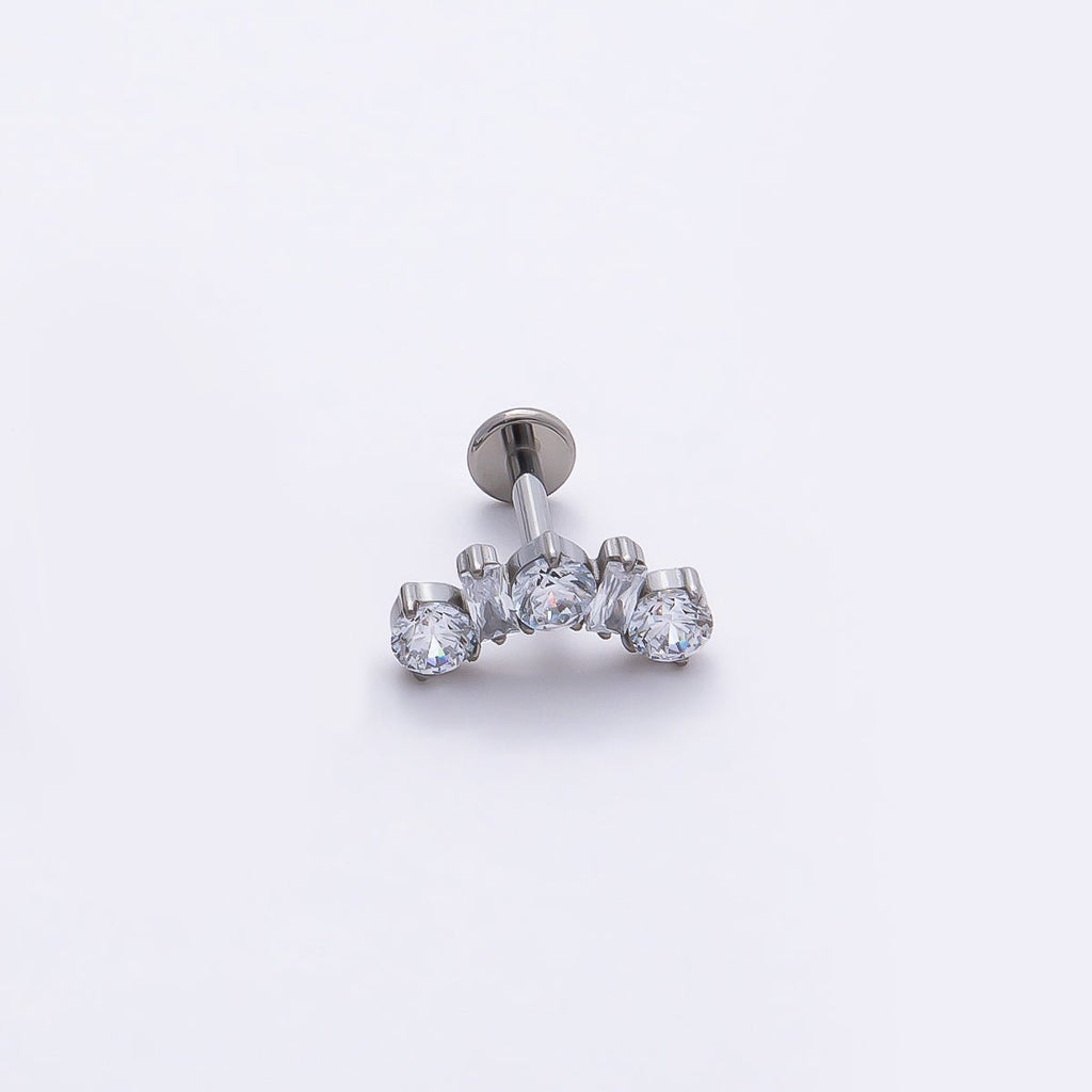 Titanium 5mm Clear CZ Round Baguette Curved Cartilage Piercing Flat Back Stud in Gold & Silver | BJ-00196 BJ-00197