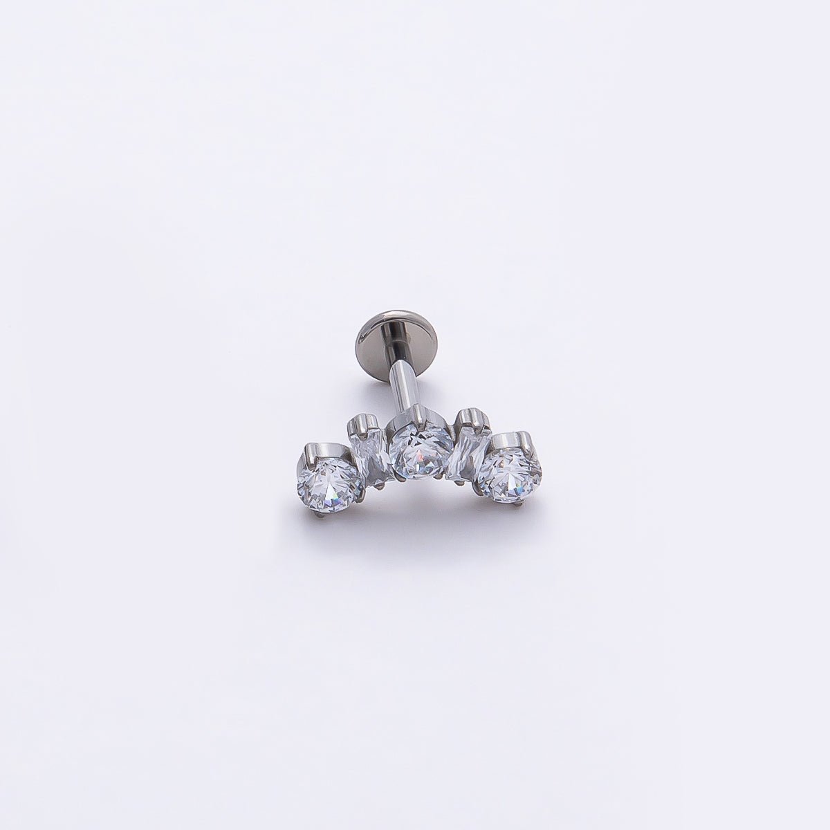 Titanium 5mm Clear CZ Round Baguette Curved Cartilage Piercing Flat Back Stud in Gold & Silver | BJ-00196 BJ-00197
