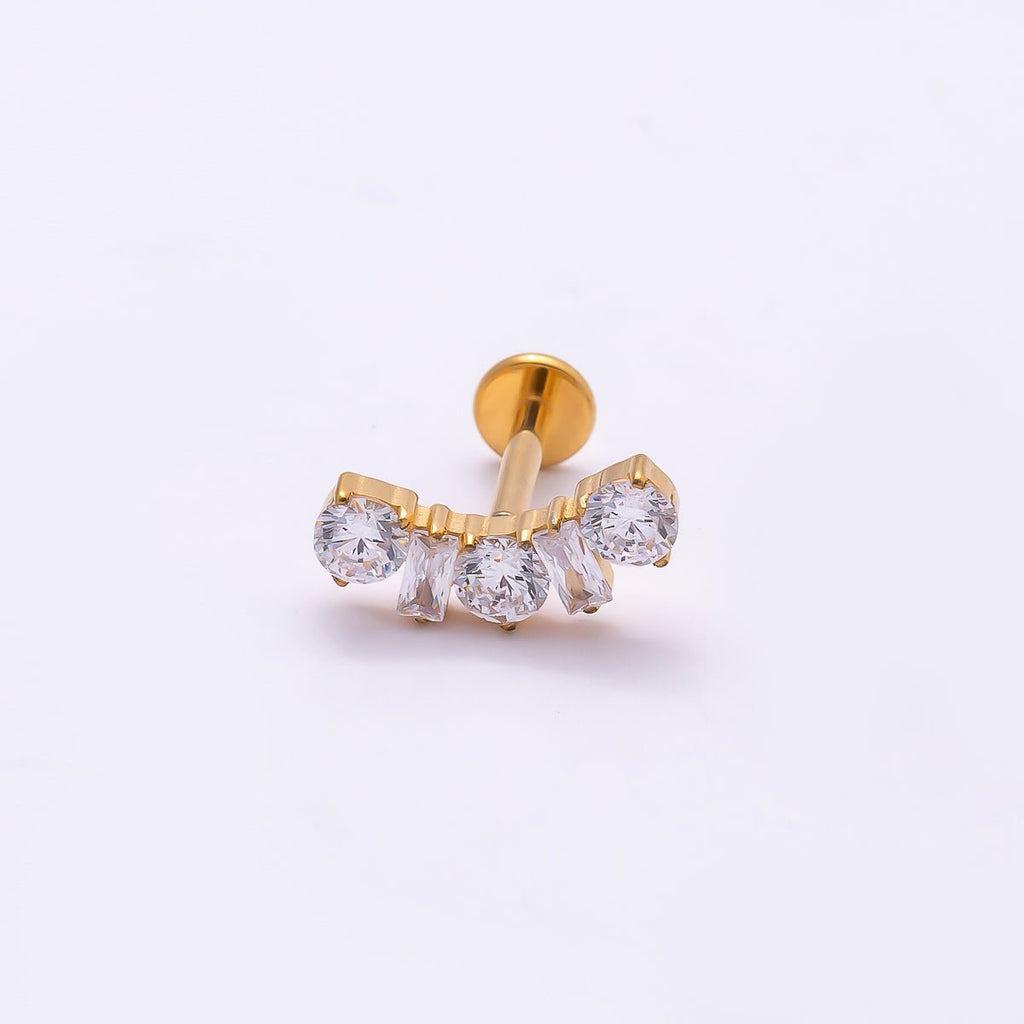 Titanium 5mm Clear CZ Round Baguette Curved Cartilage Piercing Flat Back Stud in Gold & Silver | BJ-00196 BJ-00197