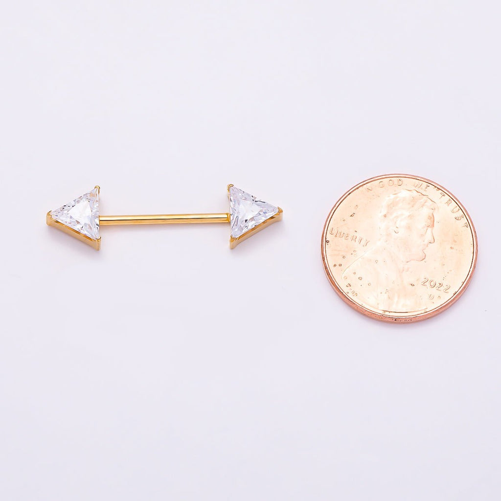 Titanium Clear CZ Triangle Nipple Barbell Piercing Body Jewelry in Gold & Silver | BJ-00102 BJ-00103
